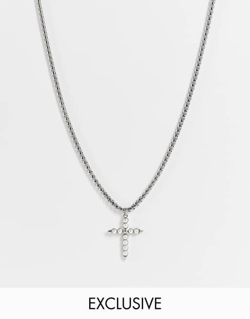 Reclaimed vintage inspired unisex chunky chain grunge necklace with faux pearl cross in silver
