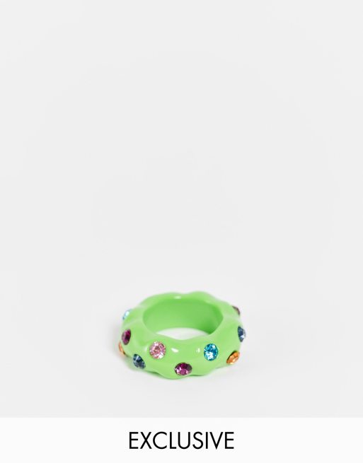 Reclaimed Vintage Inspired unisex chunky plastic ring with rainbow crystals in green