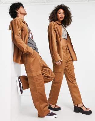 Reclaimed Vintage Unisex Straight Leg Cord Cargo Pants In Brown - Part Of A Set