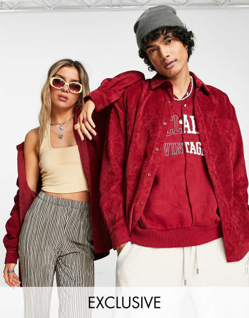 Reclaimed Vintage inspired unisex cord shirt in burgundy 