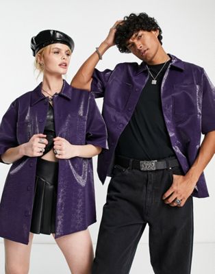 Reclaimed Vintage inspired unisex croc pu leather shirt in purple