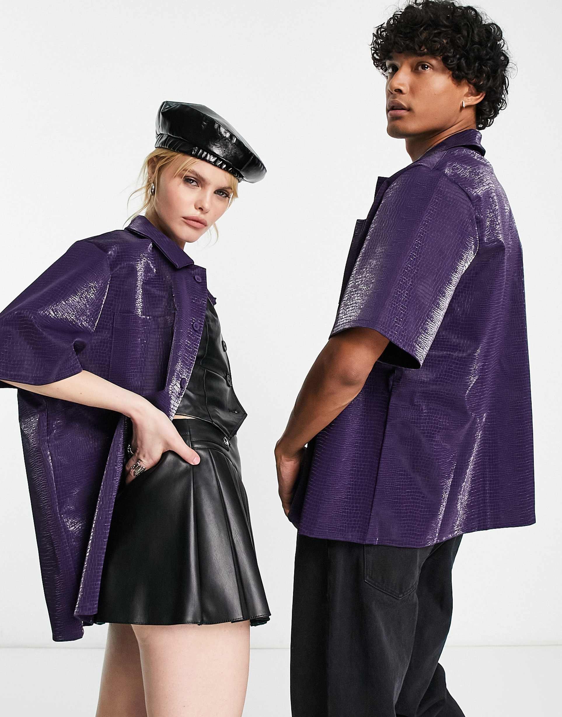 Reclaimed Vintage inspired unisex croc pu leather shirt in purple view 3
