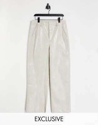 Reclaimed Vintage inspired unisex dad fit leather look croc trousers in stone - ASOS Price Checker