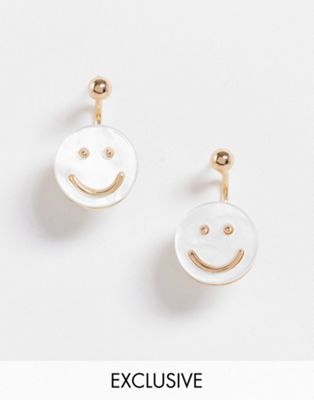 Reclaimed Vintage inspired unisex earrings with happy face  in gold and faux mother of pearl