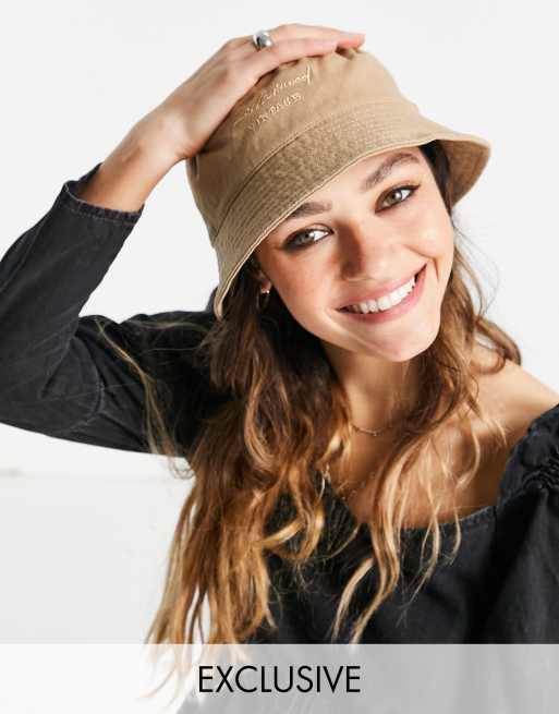 Reclaimed Vintage inspired unisex embroidery logo bucket hat in washed sand