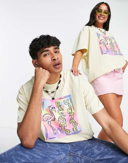 Reclaimed Vintage inspired unisex flamingo square print t-shirt in yellow