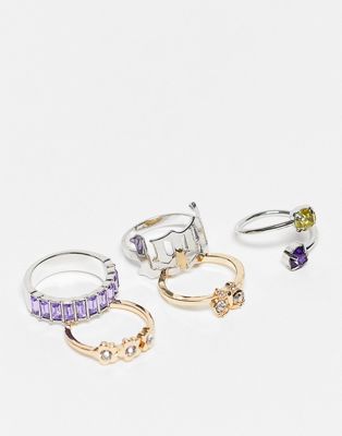 Reclaimed Vintage inspired unisex gem ring 5 pack in multi