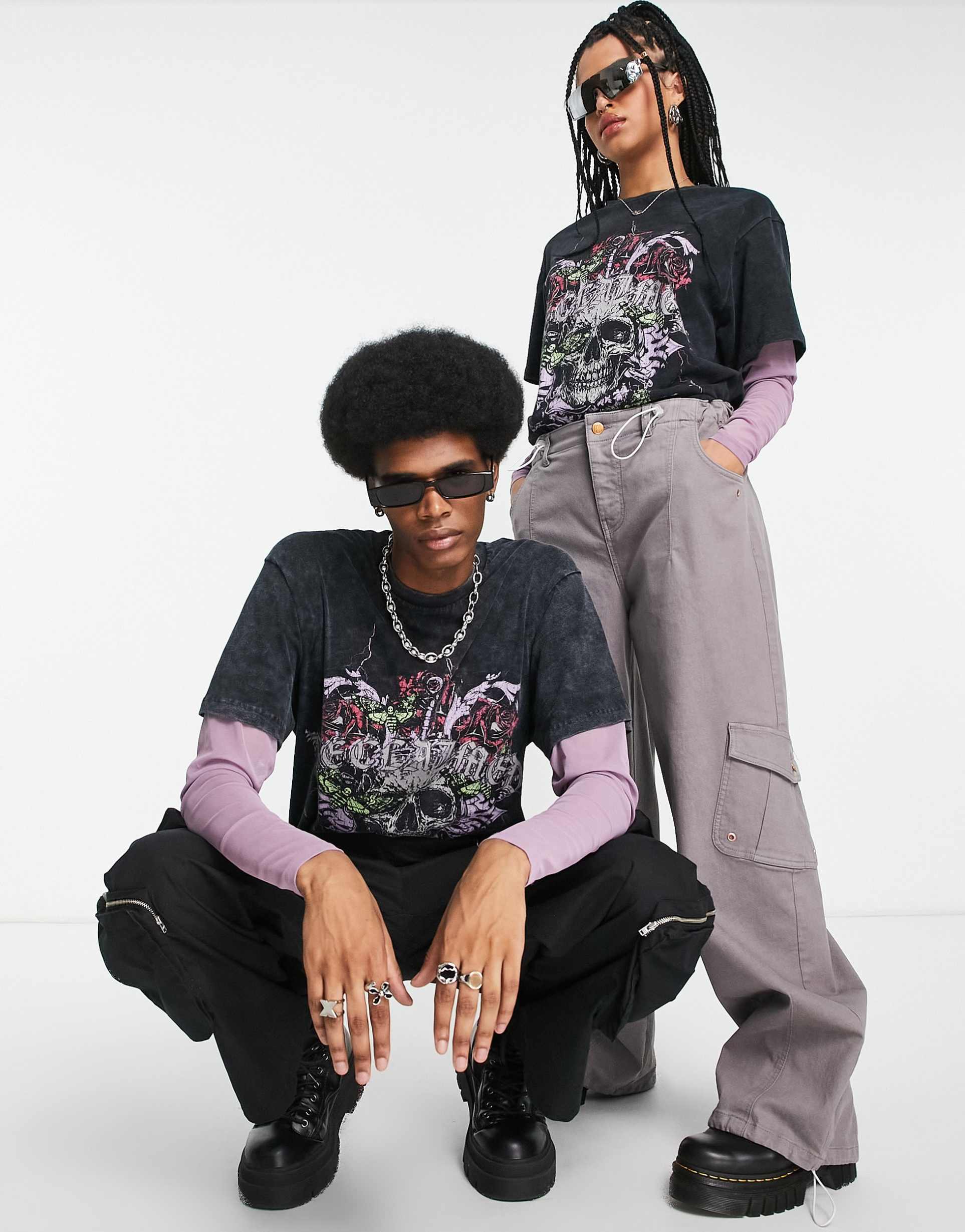Reclaimed Vintage inspired unisex grunge cross long sleeve layered t-shirt in black
