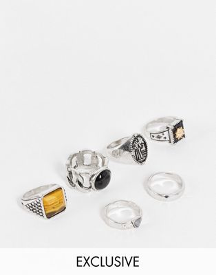 Reclaimed Vintage inspired unisex grungey rings with stones and signets in silver 6 pack