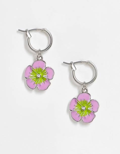 Pink And Clear Circle Earrings With Fowers Two Piece Circle Earrings