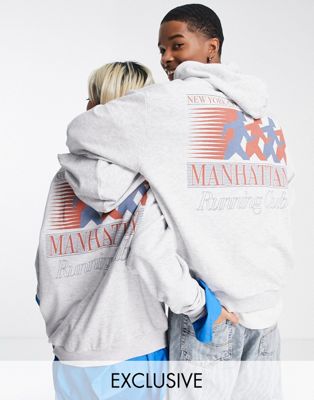 Reclaimed Vintage inspired unisex hoodie with Manhattan back print in grey marl