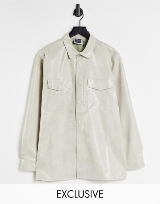 Reclaimed Vintage inspired unisex leather look croc shacket in stone - ASOS Price Checker