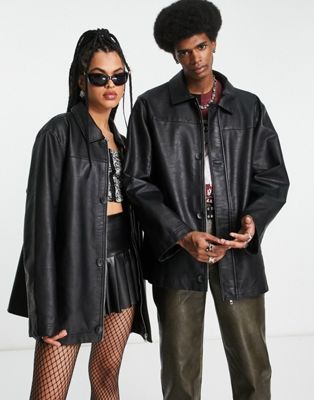 Reclaimed Vintage inspired unisex leather look dad blazer with zip front in black - ASOS Price Checker