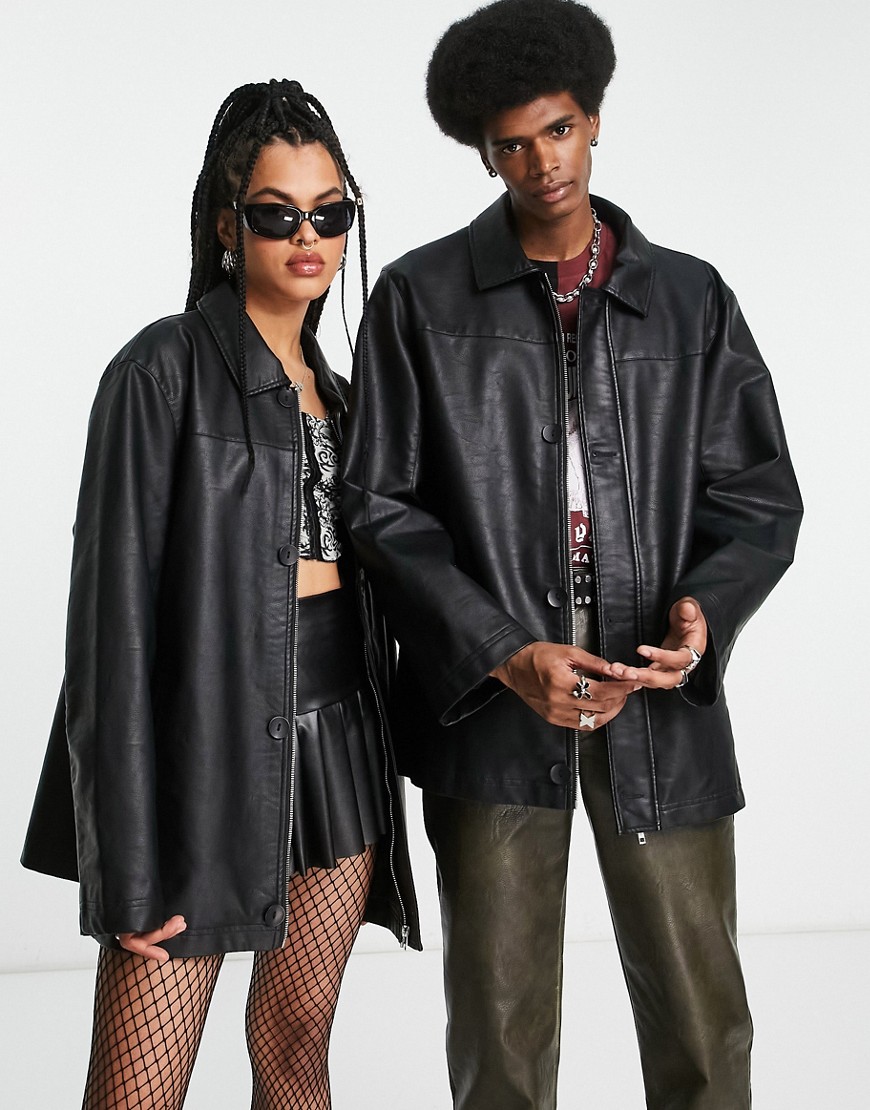 Reclaimed Vintage Inspired unisex leather look dad blazer with zip front in black