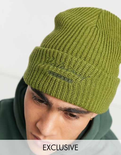 Reclaimed Vintage inspired unisex logo beanie hat in khaki