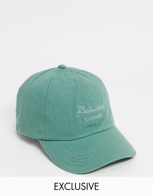 Reclaimed Vintage inspired unisex logo embroidery cap in washed jade green
