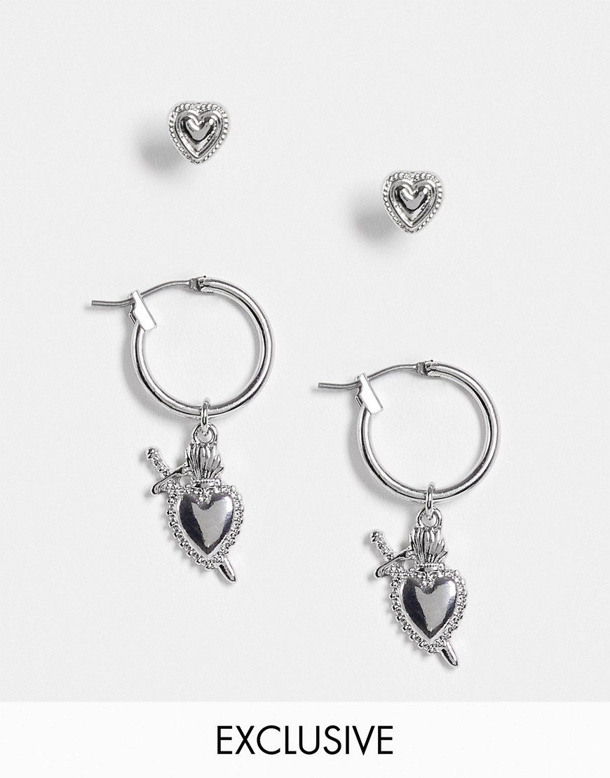 Reclaimed Vintage Inspired unisex mixed stud and hoop heart and dagger earring pack in silver-Gold