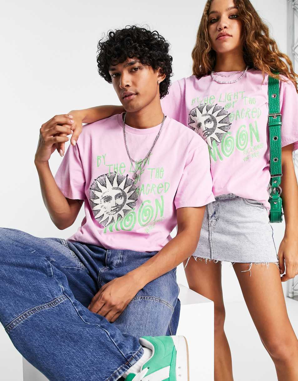 Reclaimed Vintage inspired unisex moon graphic t-shirt in pink
