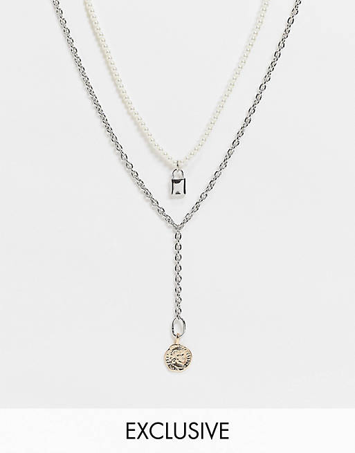 Reclaimed Vintage inspired unisex multirow chain necklace with lock charm in faux pearl and silver
