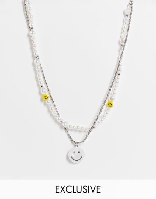 Reclaimed Vintage Inspired unisex multirow happy face necklace in faux pearl