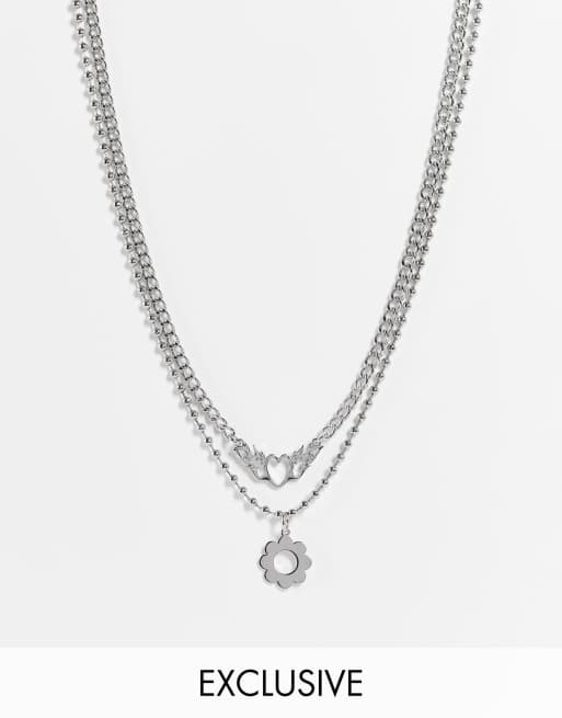 Reclaimed vintage inspired unisex multirow necklace with grunge flaming heart charm in silver