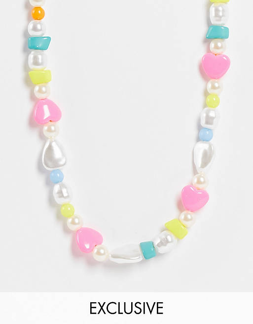 Reclaimed Vintage inspired unisex necklace with multicolour beads in faux pearl
