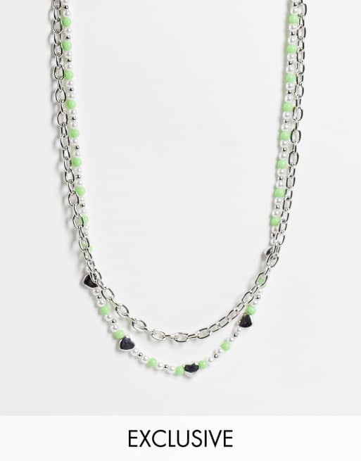Reclaimed Vintage inspired unisex necklaces with hearts beads in green and silver