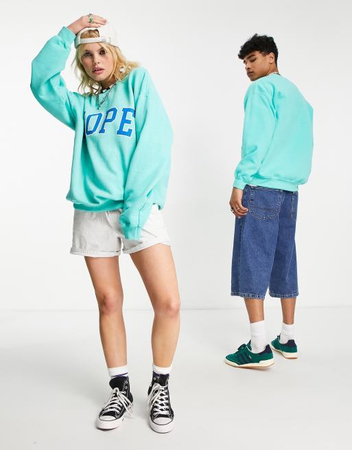 Reclaimed Vintage inspired unisex nope crew neck sweat in turquoise, 3 of 4