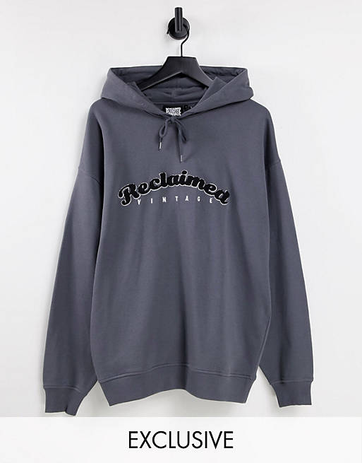 Hoodies & Sweatshirts Reclaimed Vintage inspired unisex oversized hoodie with front embroidery in charcoal 