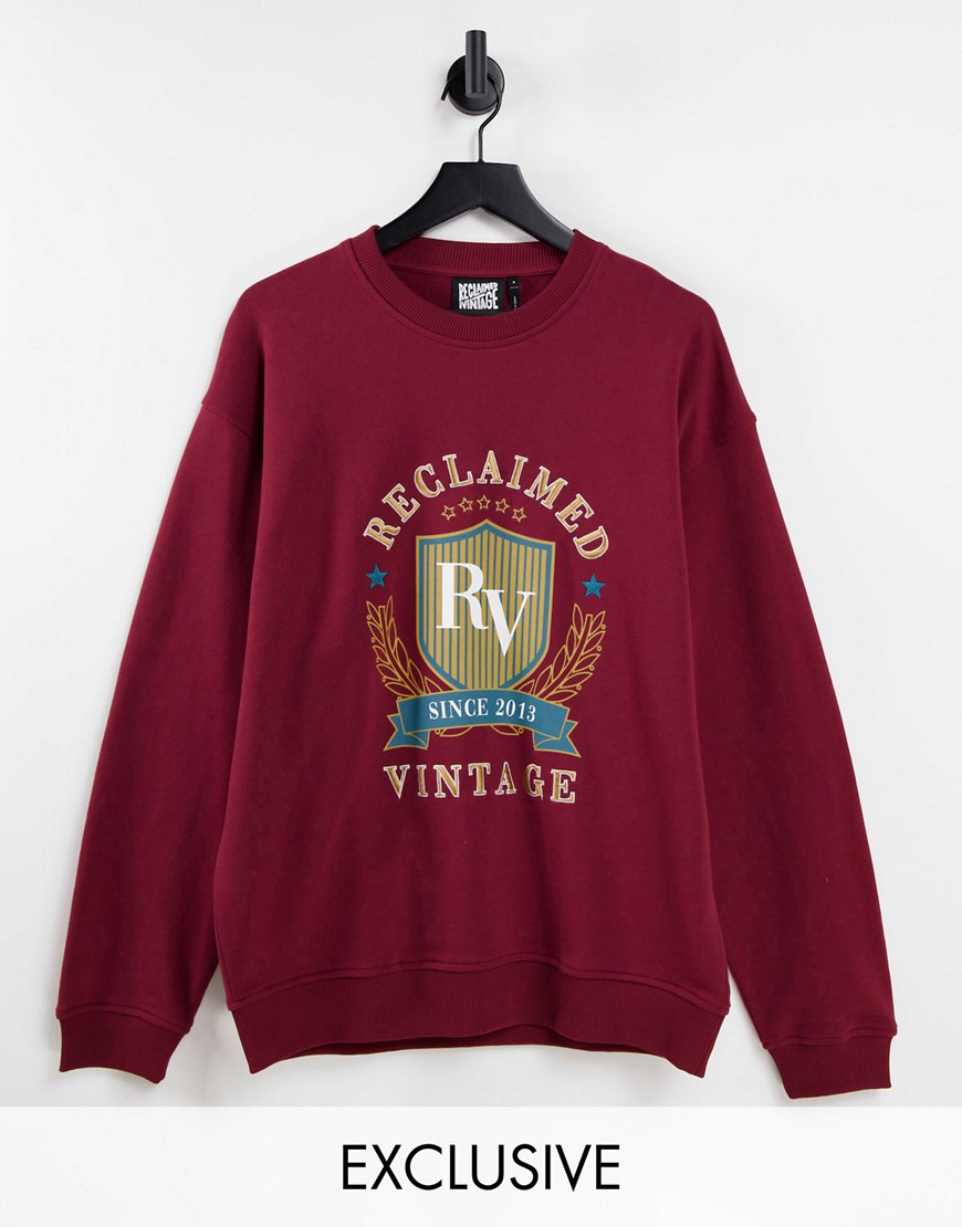 Reclaimed Vintage inspired unisex oversized sweatshirt with varsity embroidery in burgundy