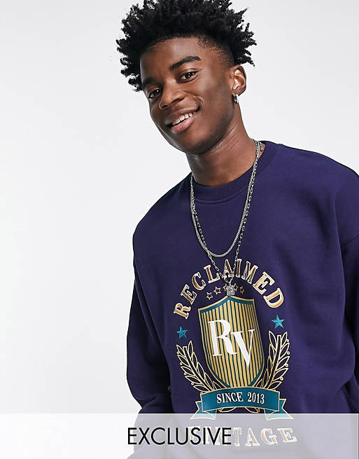Hoodies & Sweatshirts Reclaimed Vintage inspired unisex oversized sweatshirt with varsity embroidery in navy 
