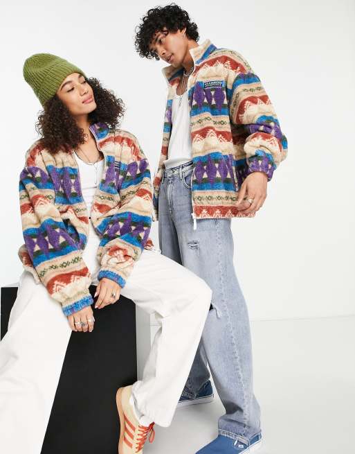 Reclaimed Vintage inspired unisex oversized zip through borg fleece jacket in outdoors print