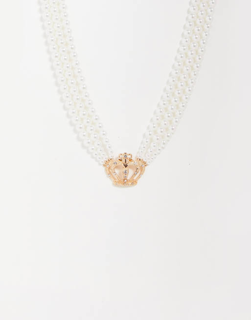 Reclaimed Vintage inspired - Unisex parelketting met 3 lagen en kroon-hangertje