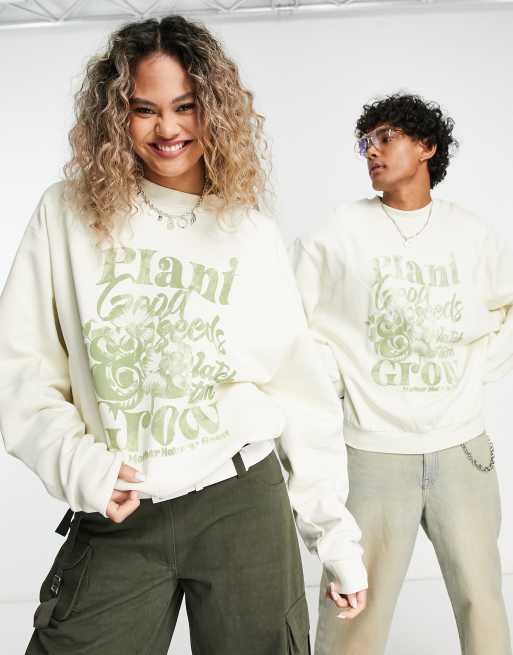 Reclaimed Vintage Inspired unisex plant seeds crew neck sweater in ecru 