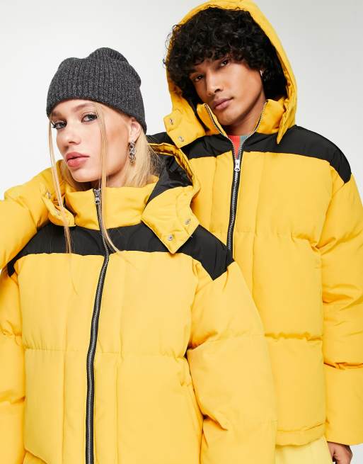 Reclaimed Vintage Inspired unisex puffer jacket in yellow and black