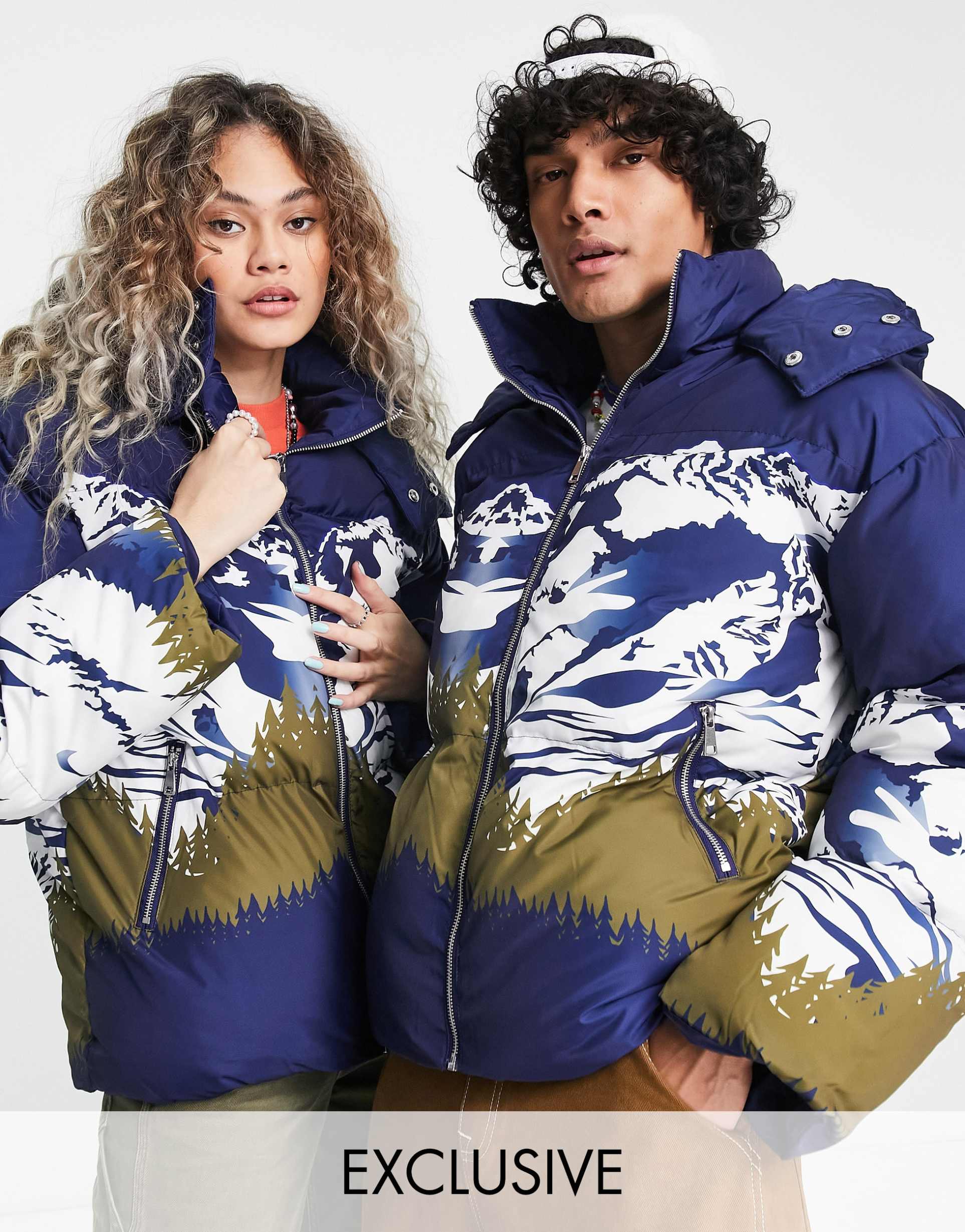 Reclaimed Vintage inspired unisex puffer with landscape print in navy view 2