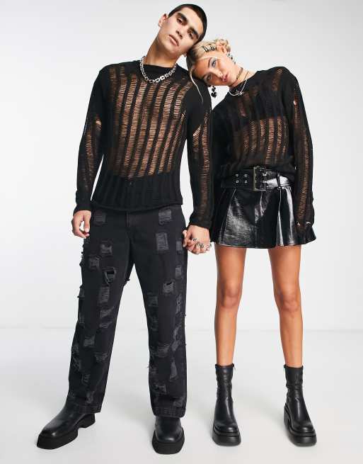Reclaimed Vintage Inspired – Unisex-Pullover mit Laufmaschendesign in Schwarz