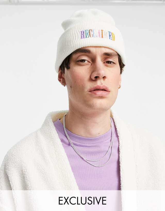 Reclaimed Vintage inspired unisex rainbow logo beanie in ecru