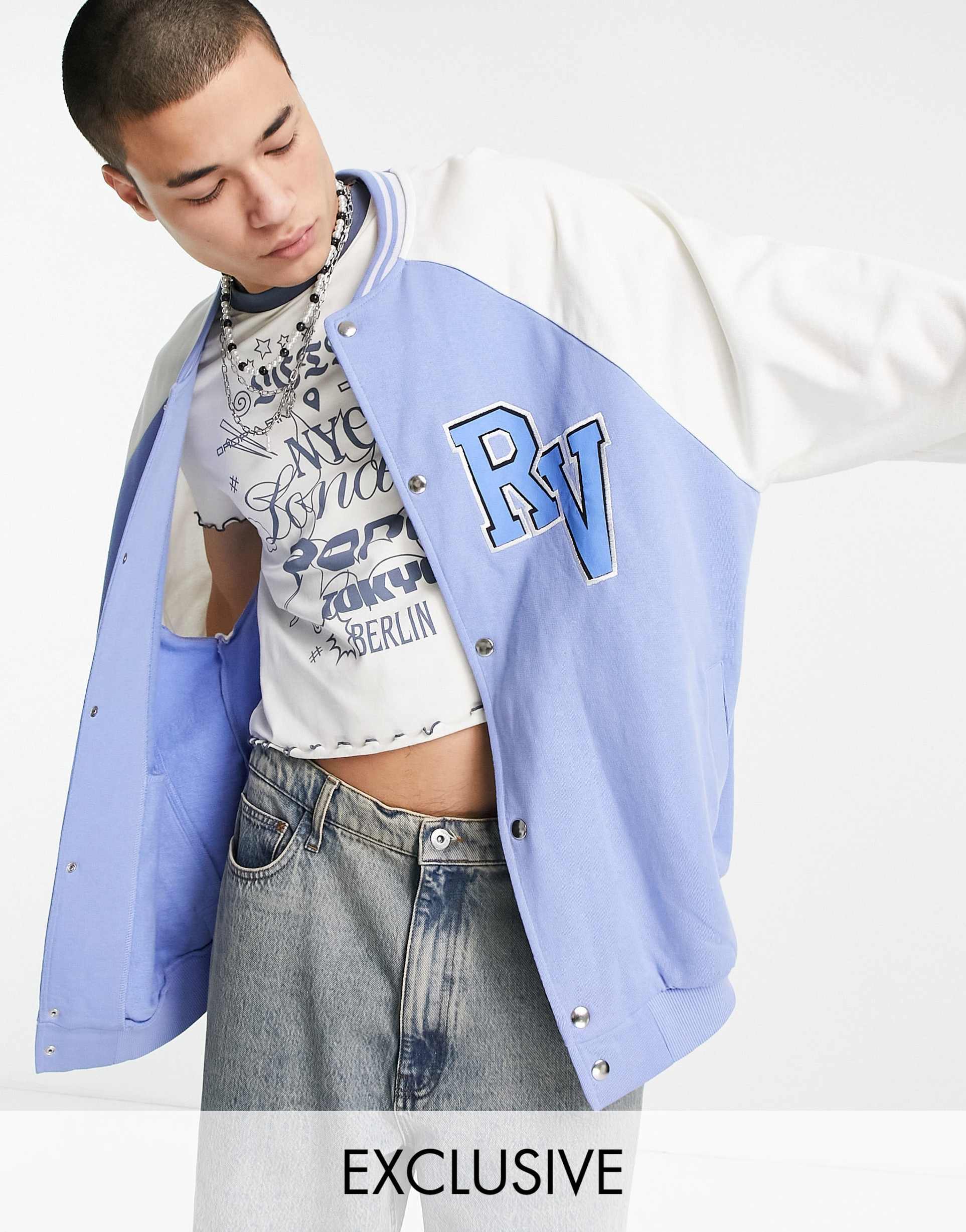 Reclaimed Vintage inspired unisex relaxed jersey bomber jacket in pastel blue view 2