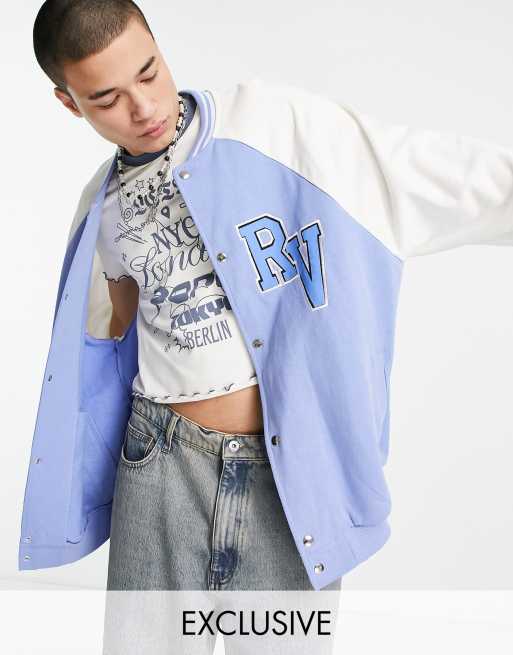 Reclaimed Vintage inspired unisex relaxed jersey bomber jacket in pastel blue