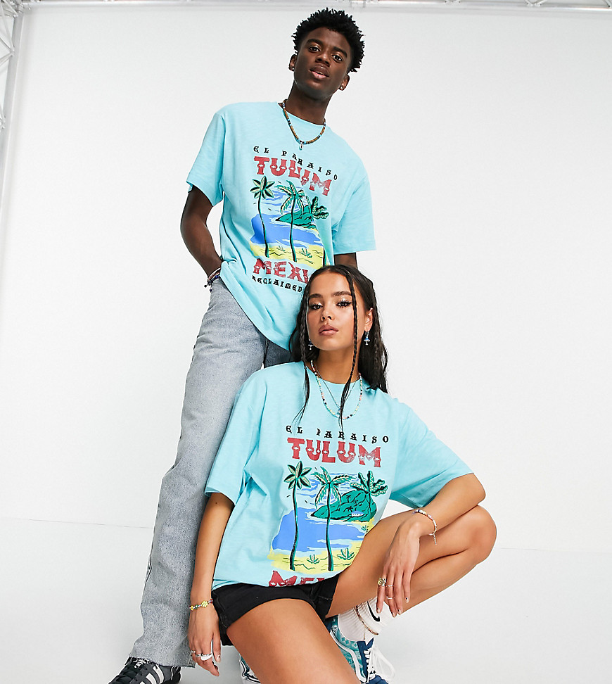 Reclaimed Vintage Inspired unisex relaxed organic cotton T-shirt with Tulum print in aqua-Blues