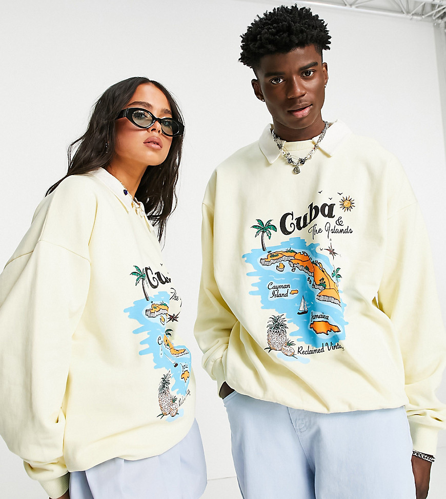 Reclaimed Vintage Inspired unisex relaxed sweatshirt with collar and Cuba print in washed yellow