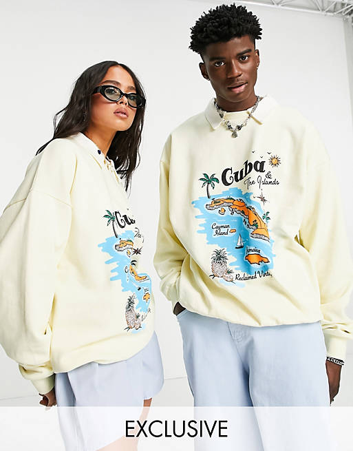 Reclaimed Vintage inspired unisex relaxed sweatshirt with collar and Cuba print in washed yellow