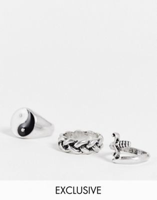 Reclaimed Vintage inspired unisex rings with yin yang in silver 3 pack