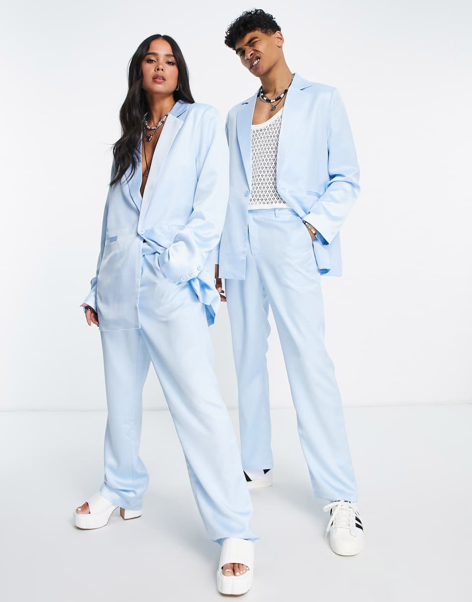 Reclaimed Vintage inspired unisex satin trouser in baby blue