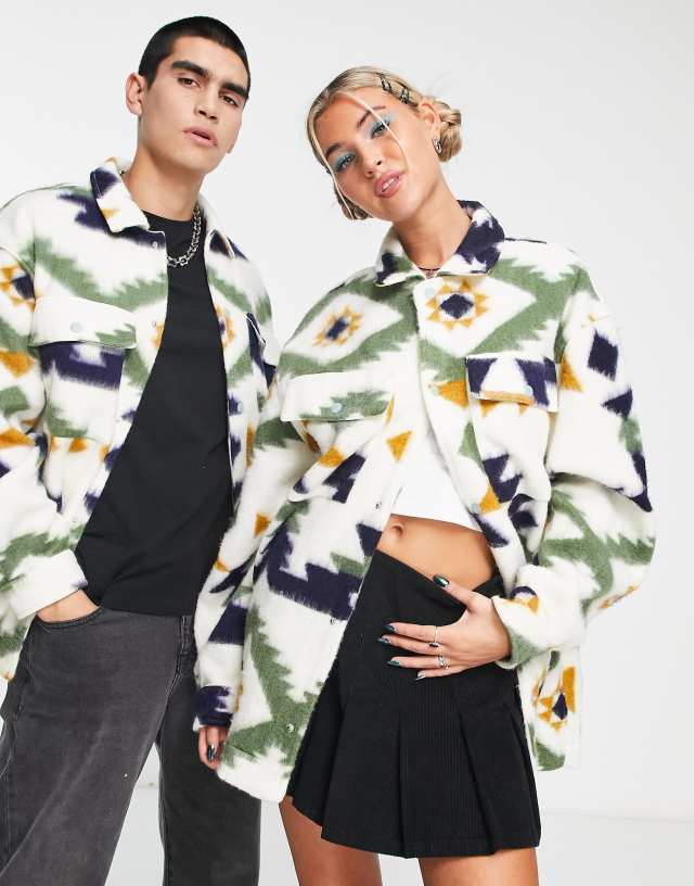 Reclaimed Vintage inspired unisex shacket in pattern in cream