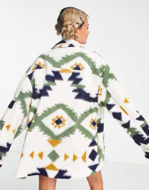 Reclaimed Vintage inspired unisex shacket in pattern in cream, 4 of 4