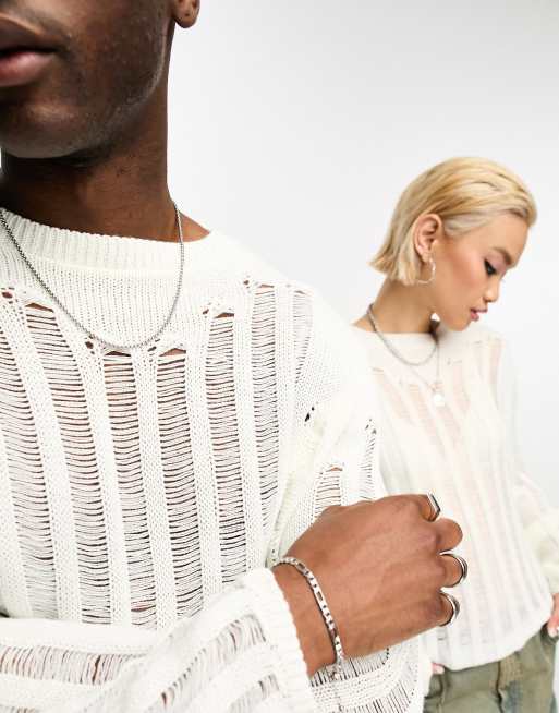 Reclaimed Vintage inspired unisex shrunken laddered jumper in white ASOS