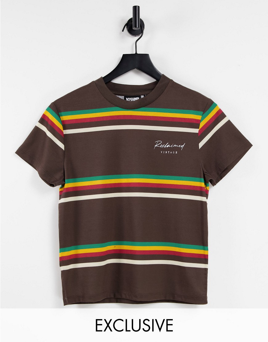 Reclaimed Vintage inspired unisex shrunken t-shirt with chest logo in retro stripe-Multi