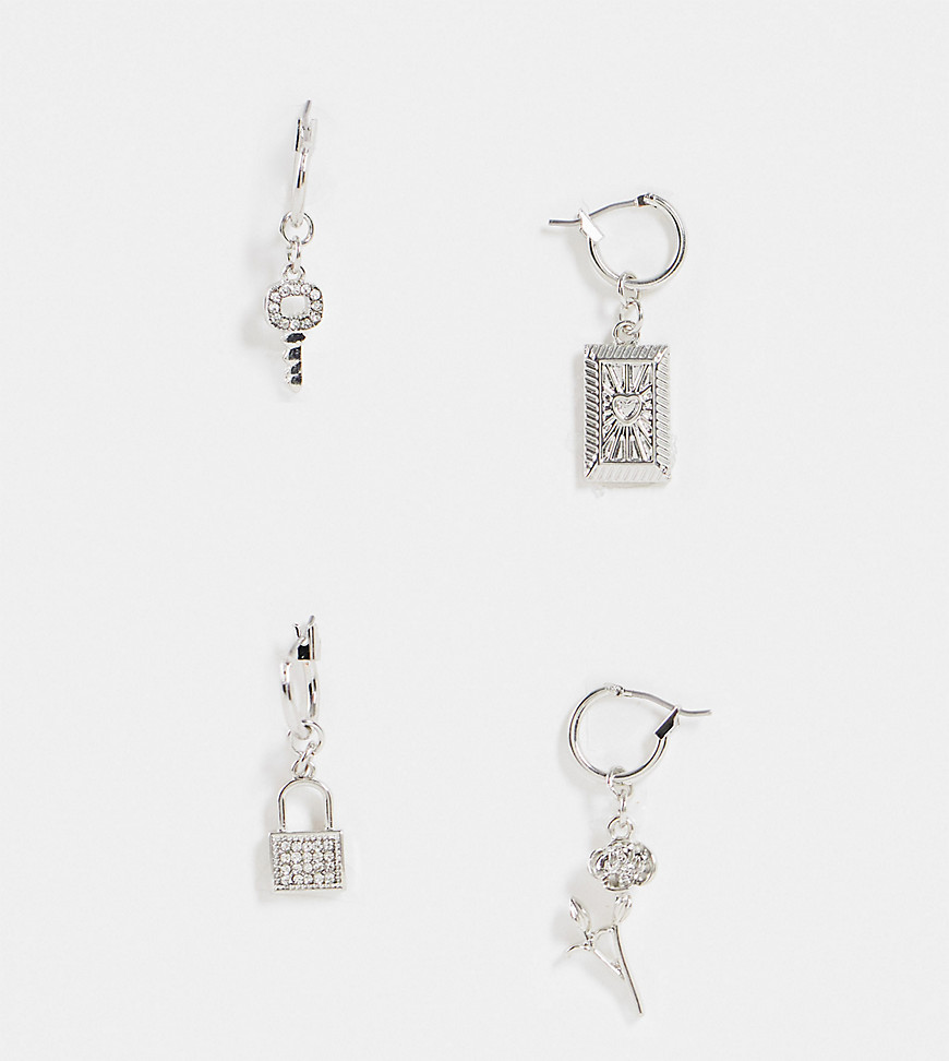 Reclaimed Vintage inspired unisex single drop earrings with charms in silver 4 pack